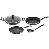 Tefal Delicia Powerglide Non-Stick Tawa 26 cm, Kadhai 24 cm, Fry 24 cm with Lid, Spatula (Pack of 5, Black), Standard, (B154S584)