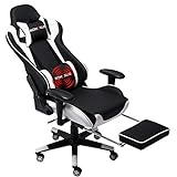 Nokaxus Gaming Chair Large Size High-Back Ergonomic Racing Seat with Massager Lumbar Support and Retractible Footrest PU Leather 90-180 Degree Adjustment of backrest (Large, YK-608-WHITE)